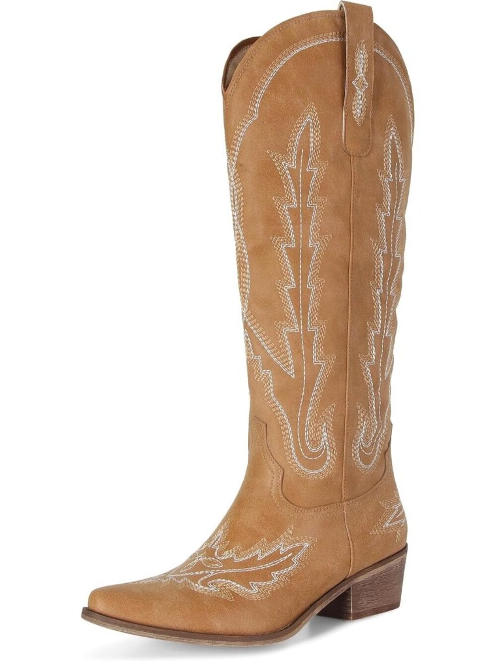 Women's Tan Pull On Chunky Heel Boots Knee High Cowgirl Boots Pointed Toe